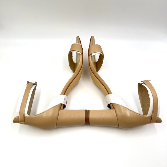 Nine West Size 10 Natural Nude Tan Beige Leather Block Heels Sandals Shoes - Picture 8 of 14